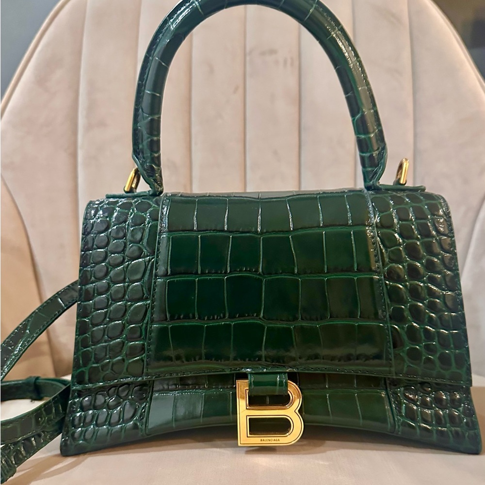 Balenciaga Dark Green Crocodile-Embossed Crossbody Bag